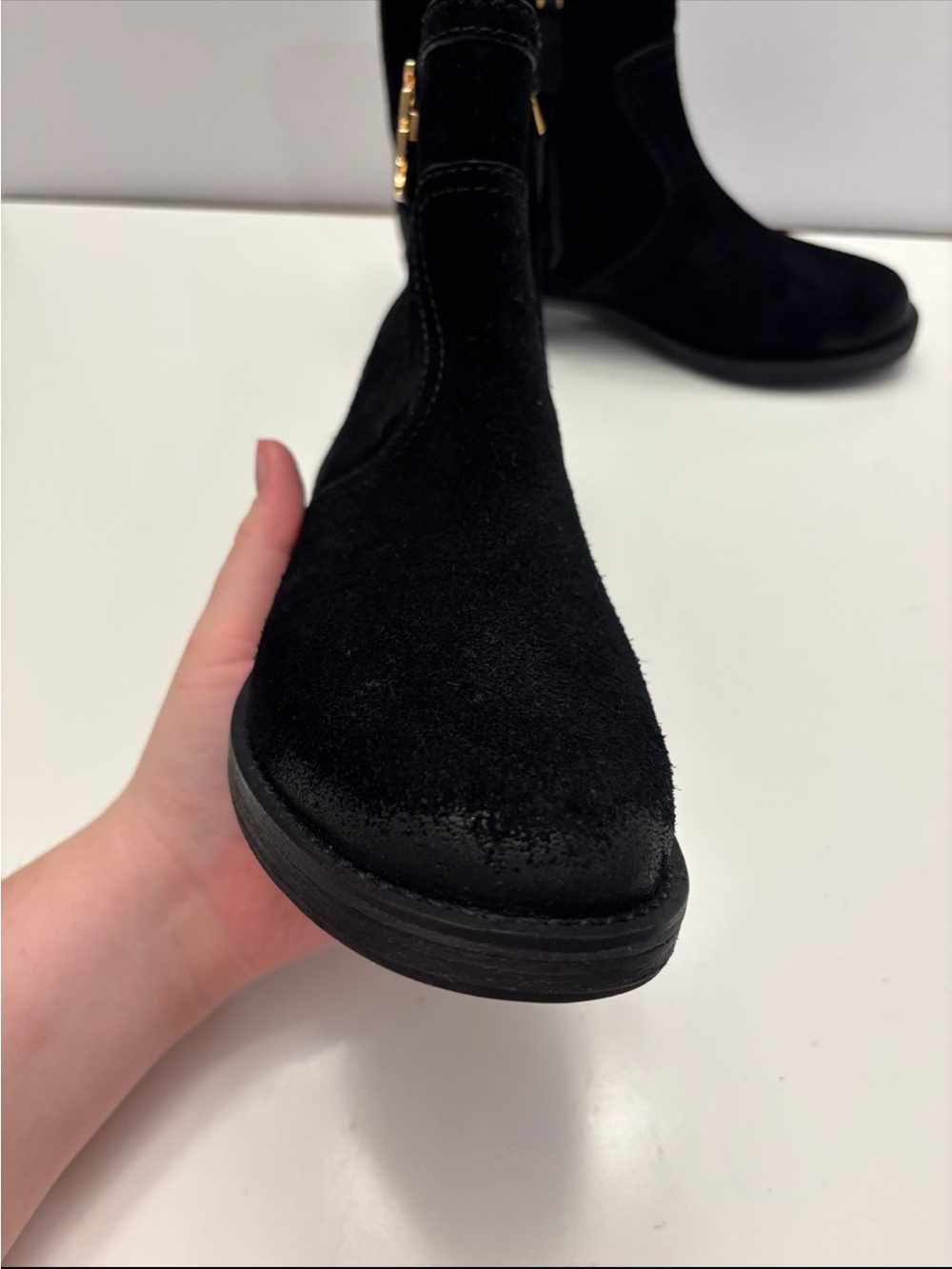 Tory Burch black suede Eloise flat booties with a prominent gold-tone metal logo - Picture 4 of 12